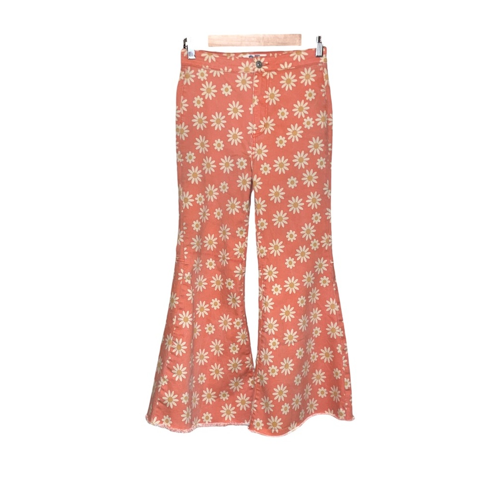 We the Free Free People Orange & White Daisy Print Flare Bell Bottom Jeans